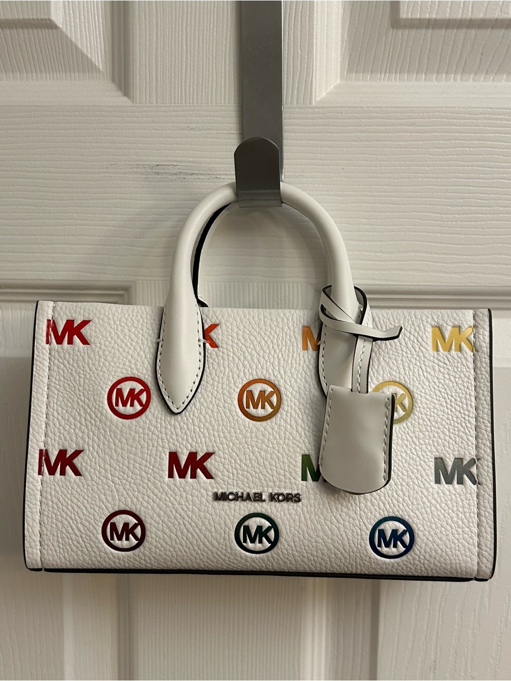 Michael Kors White Leather Satchel with Multicolor MK Accents - Picture 14 of 15